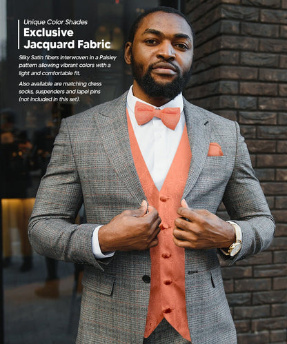 Vittorio Farina Men's Woven Paisley Vest, Necktie, Bow Tie and Pocket Square Set (Black Back) - vest_paisley_BB_rosegold_XS - Classy Cufflinks