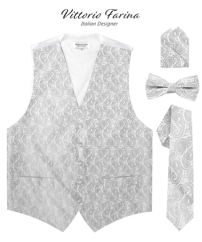 Vittorio Farina Men's Woven Paisley Vest, Necktie, Bow Tie and Pocket Square Set (White Back) - vest_paisley_WB_silver_XS - Classy Cufflinks