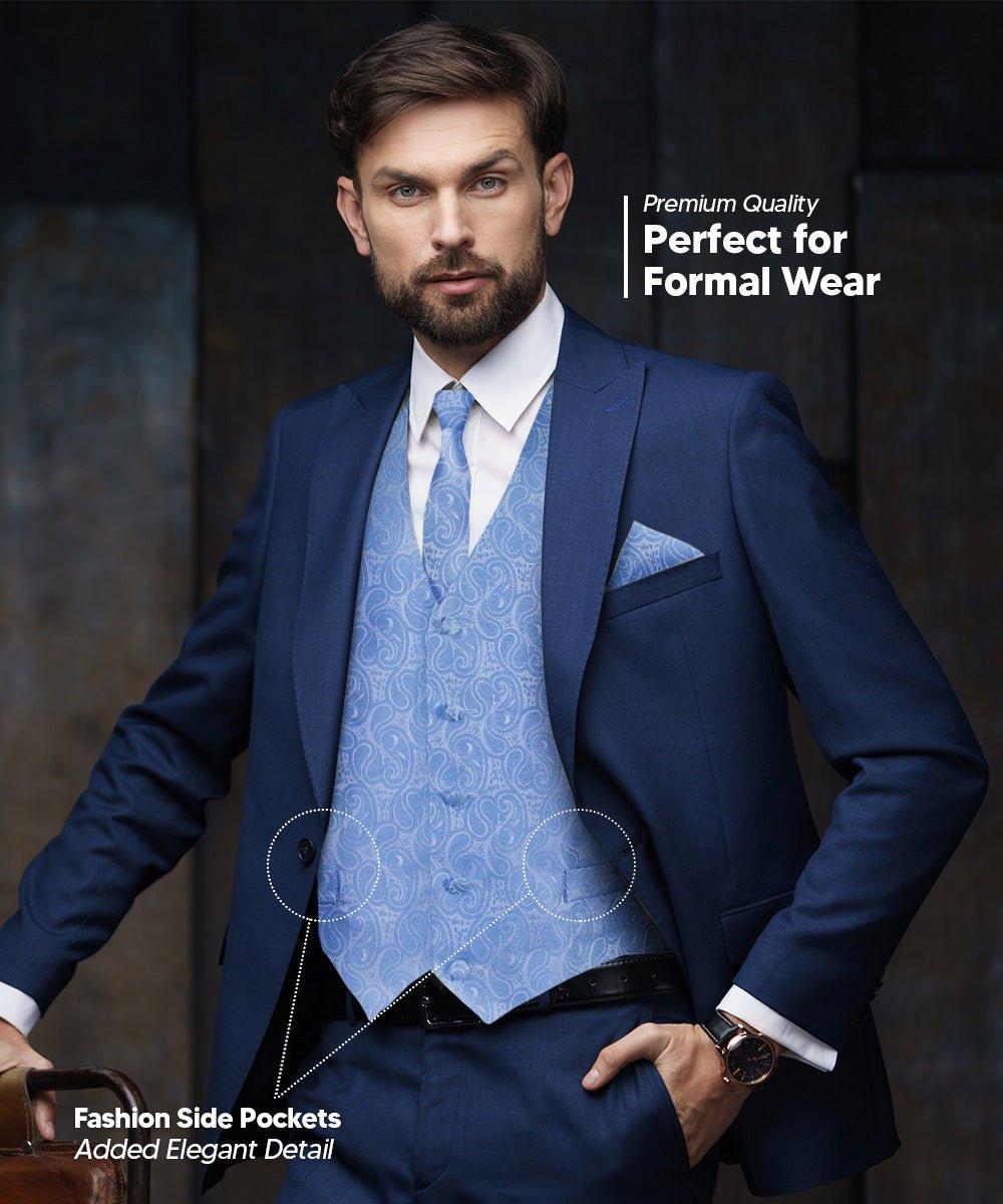 Vittorio Farina Men's Woven Paisley Vest, Necktie, Bow Tie and Pocket Square Set (White Back) - vest_paisley_WB_sky_XS - Classy Cufflinks