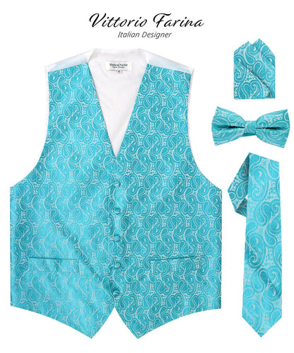 Vittorio Farina Men's Woven Paisley Vest, Necktie, Bow Tie and Pocket Square Set (White Back) - vest_paisley_WB_turquoise_XS - Classy Cufflinks