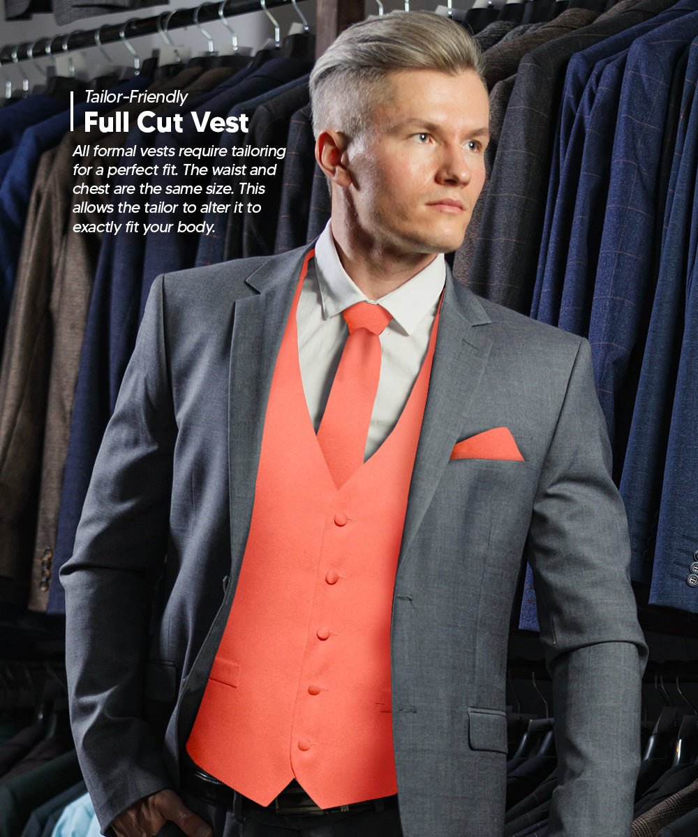 Vittorio Farina Men's Satin Vest, Necktie, Bow Tie and Pocket Square Set (Black Back) - vest_plain_BB_coral_XS - Classy Cufflinks