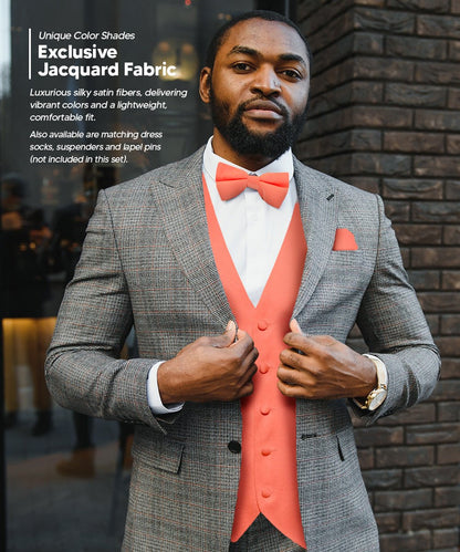 Vittorio Farina Men's Satin Vest, Necktie, Bow Tie and Pocket Square Set (Black Back) - vest_plain_BB_coral_XS - Classy Cufflinks