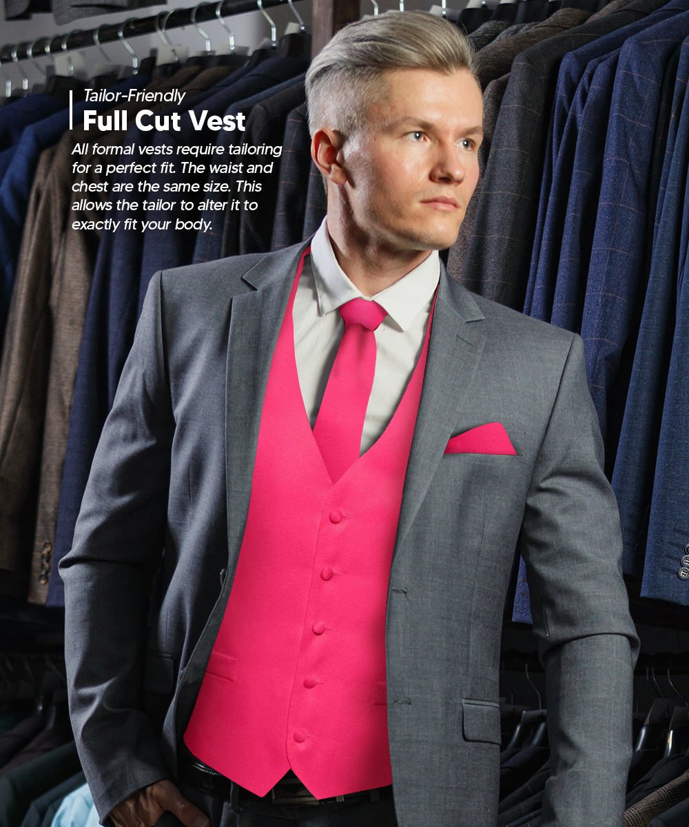 Vittorio Farina Men's Satin Vest, Necktie, Bow Tie and Pocket Square Set (Black Back) - vest_plain_BB_hotpink_XS - Classy Cufflinks
