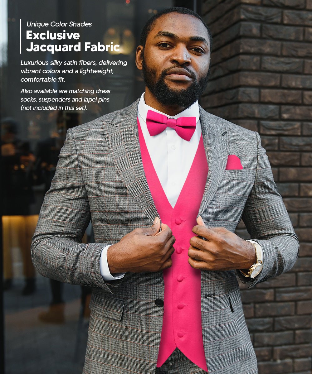 Vittorio Farina Men's Satin Vest, Necktie, Bow Tie and Pocket Square Set (Black Back) - vest_plain_BB_hotpink_XS - Classy Cufflinks