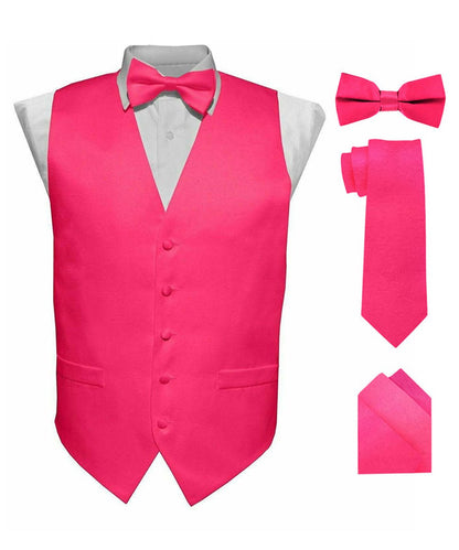 Vittorio Farina Men's Satin Vest, Necktie, Bow Tie and Pocket Square Set (Black Back) - vest_plain_BB_hotpink_XS - Classy Cufflinks