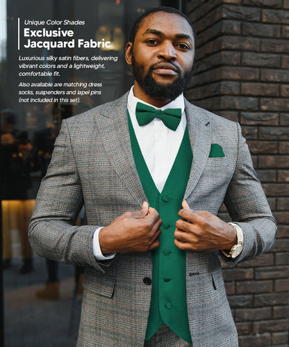 Vittorio Farina Men's Satin Vest, Necktie, Bow Tie and Pocket Square Set (Black Back) - vest_plain_BB_hunter_XS - Classy Cufflinks