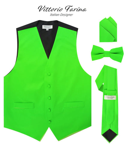 Vittorio Farina Men's Satin Vest, Necktie, Bow Tie and Pocket Square Set (Black Back) - vest_plain_BB_lime_XS - Classy Cufflinks