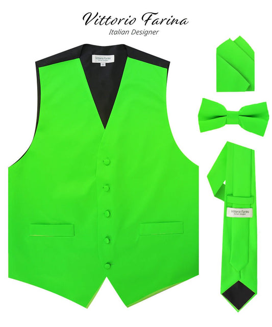 Vittorio Farina Men's Satin Vest, Necktie, Bow Tie and Pocket Square Set (Black Back) - vest_plain_BB_lime_XS - Classy Cufflinks
