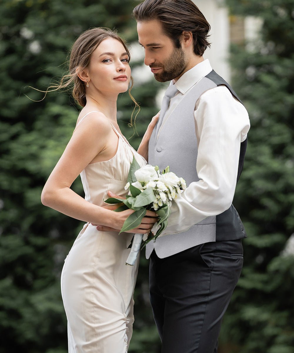 Vittorio Farina Men's Satin Vest, Necktie, Bow Tie and Pocket Square Set (Black Back) - vest_plain_BB_silver_XS - Classy Cufflinks