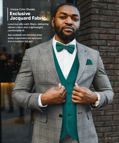 Vittorio Farina Men's Satin Vest, Necktie, Bow Tie and Pocket Square Set (Black Back) - vest_plain_BB_tealgreen_XS - Classy Cufflinks