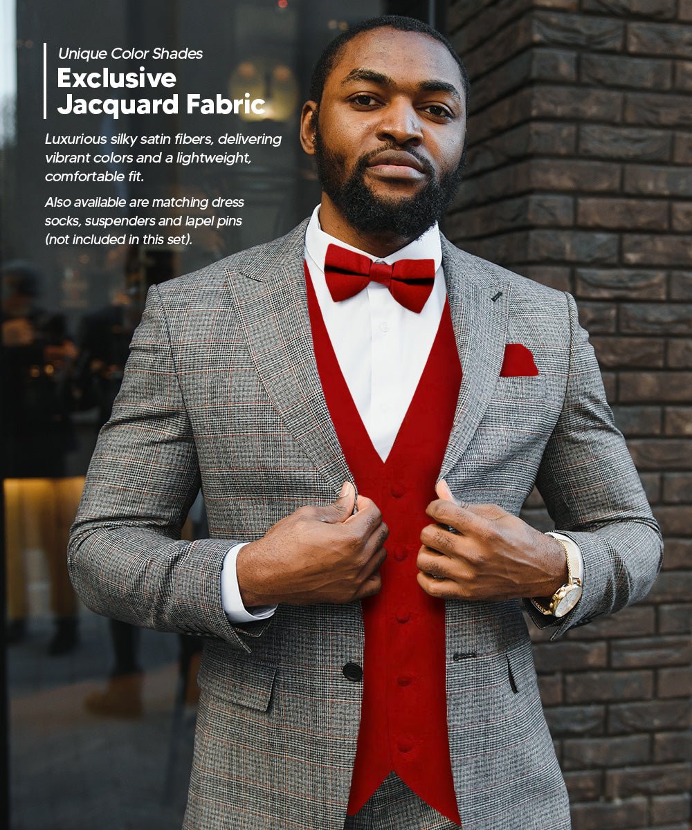 Vittorio Farina Men's Satin Vest, Necktie, Bow Tie and Pocket Square Set (Black Back) - vest_plain_BB_wine_XS - Classy Cufflinks