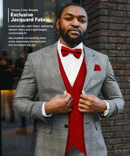 Vittorio Farina Men's Satin Vest, Necktie, Bow Tie and Pocket Square Set (Black Back) - vest_plain_BB_wine_XS - Classy Cufflinks
