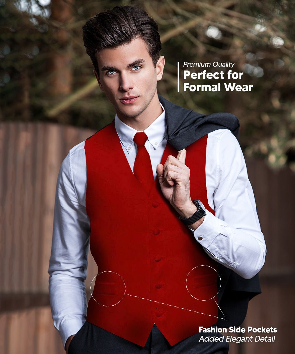 Vittorio Farina Men's Satin Vest, Necktie, Bow Tie and Pocket Square Set (Black Back) - vest_plain_BB_wine_XS - Classy Cufflinks