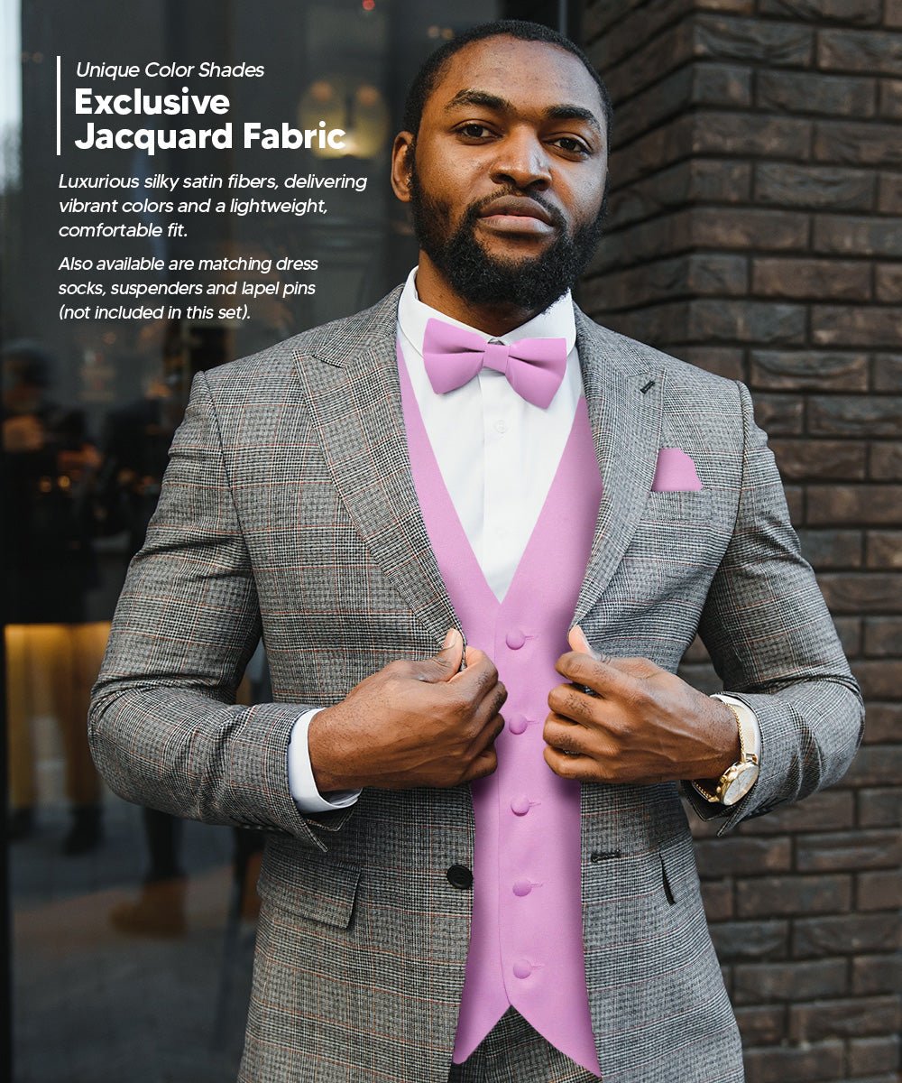 Vittorio Farina Men's Satin Vest, Necktie, Bow Tie and Pocket Square Set (White Back) - vest_plain_WB_lavender_XS - Classy Cufflinks