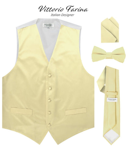 Vittorio Farina Men's Satin Vest, Necktie, Bow Tie and Pocket Square Set (White Back) - vest_plain_WB_maize_XS - Classy Cufflinks