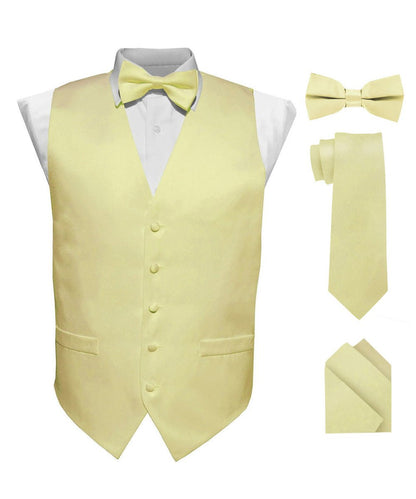 Vittorio Farina Men's Satin Vest, Necktie, Bow Tie and Pocket Square Set (White Back) - vest_plain_WB_maize_XS - Classy Cufflinks
