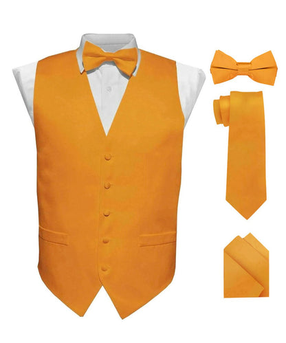 Vittorio Farina Men's Satin Vest, Necktie, Bow Tie and Pocket Square Set (White Back) - vest_plain_WB_mustard_XS - Classy Cufflinks