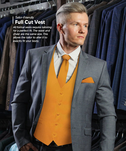 Vittorio Farina Men's Satin Vest, Necktie, Bow Tie and Pocket Square Set (White Back) - vest_plain_WB_mustard_XS - Classy Cufflinks