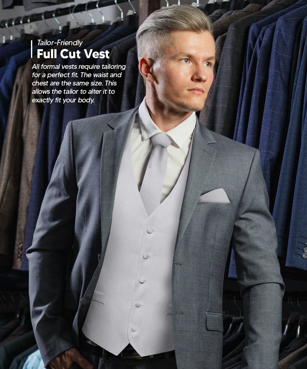 Vittorio Farina Men's Satin Vest, Necktie, Bow Tie and Pocket Square Set (White Back) - vest_plain_WB_silvergrey_XS - Classy Cufflinks