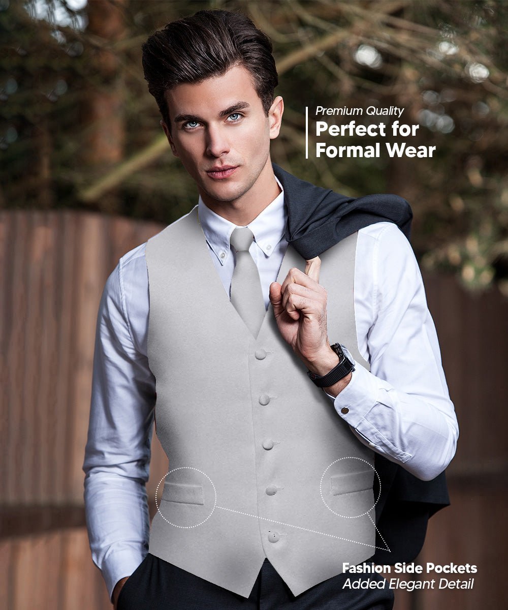 Vittorio Farina Men's Satin Vest, Necktie, Bow Tie and Pocket Square Set (White Back) - vest_plain_WB_silvergrey_XS - Classy Cufflinks