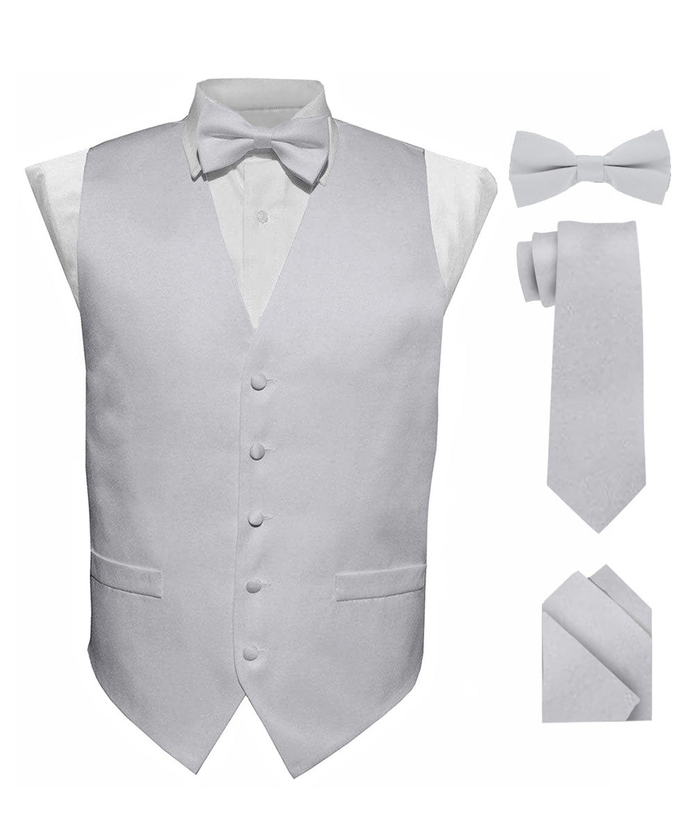 Vittorio Farina Men's Satin Vest, Necktie, Bow Tie and Pocket Square Set (White Back) - vest_plain_WB_silvergrey_XS - Classy Cufflinks