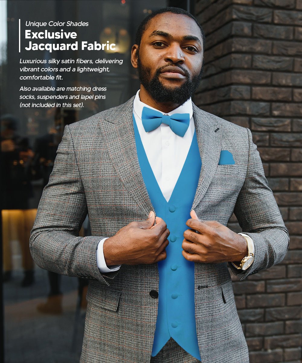 Vittorio Farina Men's Satin Vest, Necktie, Bow Tie and Pocket Square Set (White Back) - vest_plain_WB_turquoise_XS - Classy Cufflinks