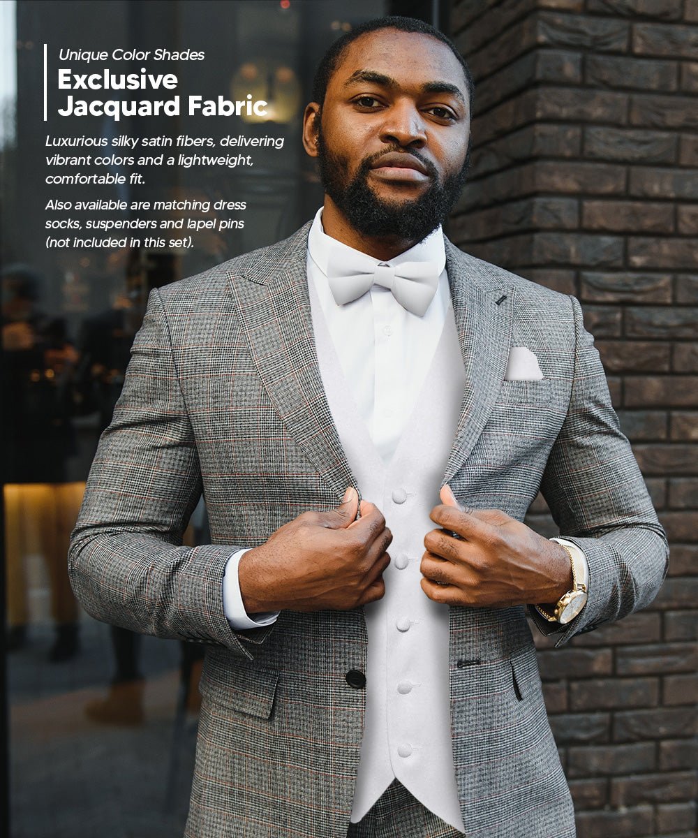 Vittorio Farina Men's Satin Vest, Necktie, Bow Tie and Pocket Square Set (White Back) - vest_plain_WB_white_XS - Classy Cufflinks