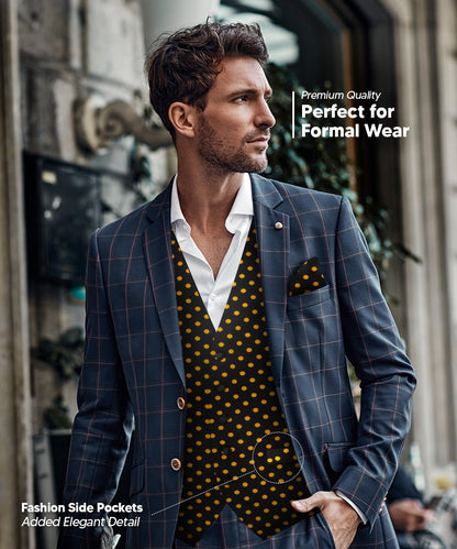 Vittorio Farina Men's White and Black Dot Polka Dot Vest, Necktie, Bow Tie and Pocket Square Set - vest_polkadot_BB_blackgold_S - Classy Cufflinks