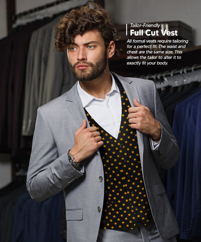 Vittorio Farina Men's White and Black Dot Polka Dot Vest, Necktie, Bow Tie and Pocket Square Set - vest_polkadot_BB_blackgold_S - Classy Cufflinks