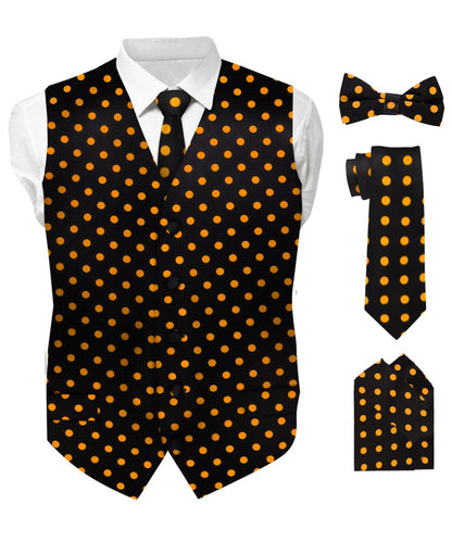 Vittorio Farina Men's White and Black Dot Polka Dot Vest, Necktie, Bow Tie and Pocket Square Set - vest_polkadot_BB_blackgold_S - Classy Cufflinks