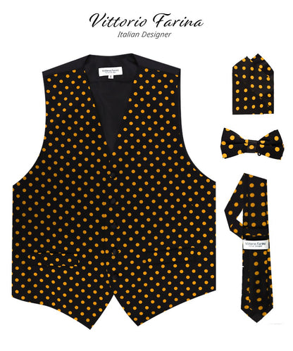 Vittorio Farina Men's White and Black Dot Polka Dot Vest, Necktie, Bow Tie and Pocket Square Set - vest_polkadot_BB_blackgold_S - Classy Cufflinks