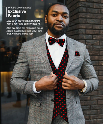 Vittorio Farina Men's White and Black Dot Polka Dot Vest, Necktie, Bow Tie and Pocket Square Set - vest_polkadot_BB_blackred_S - Classy Cufflinks