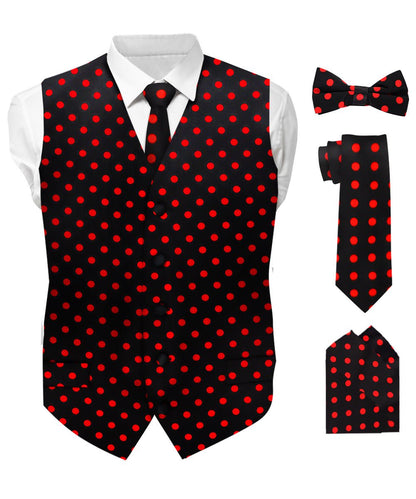Vittorio Farina Men's White and Black Dot Polka Dot Vest, Necktie, Bow Tie and Pocket Square Set - vest_polkadot_BB_blackred_S - Classy Cufflinks