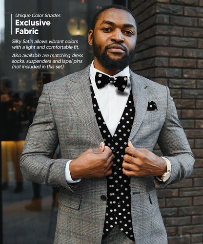 Vittorio Farina Men's White and Black Dot Polka Dot Vest, Necktie, Bow Tie and Pocket Square Set - vest_polkadot_WB_whiteblack_S_V03 - Classy Cufflinks