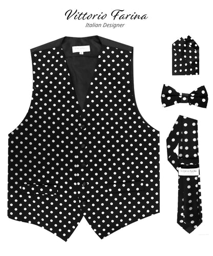 Vittorio Farina Men's White and Black Dot Polka Dot Vest, Necktie, Bow Tie and Pocket Square Set - vest_polkadot_WB_whiteblack_S_V03 - Classy Cufflinks