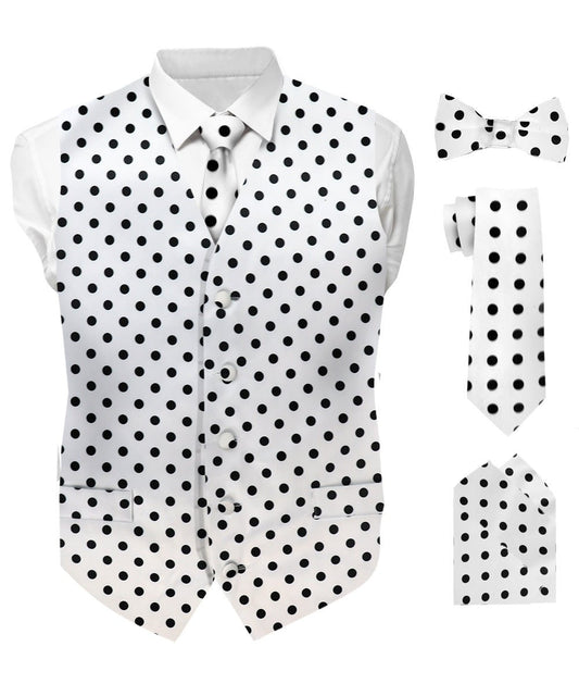 Vittorio Farina Men's White and Black Dot Polka Dot Vest, Necktie, Bow Tie and Pocket Square Set - vest_polkadot_WB_whiteblack_S_V03 - Classy Cufflinks