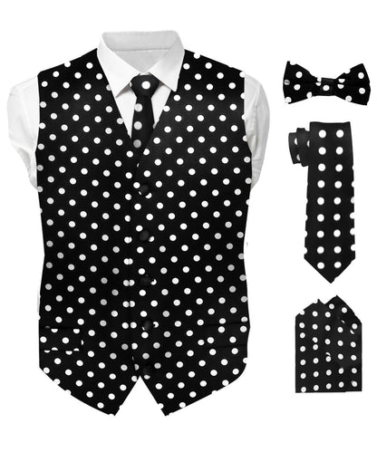 Vittorio Farina Men's White and Black Dot Polka Dot Vest, Necktie, Bow Tie and Pocket Square Set - vest_polkadot_WB_whiteblack_S_V03 - Classy Cufflinks