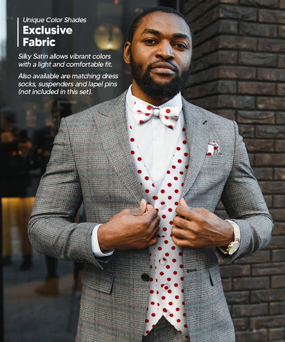 Vittorio Farina Men's White and Black Dot Polka Dot Vest, Necktie, Bow Tie and Pocket Square Set - vest_polkadot_WB_whitered_S - Classy Cufflinks