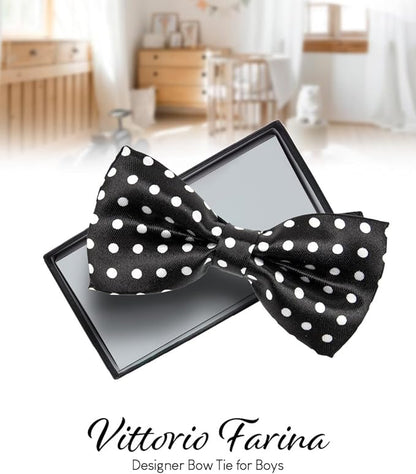 Vittorio Farina Boy's Design Satin Bow Tie - Suits You Sir - Black and White Polka Dot - 