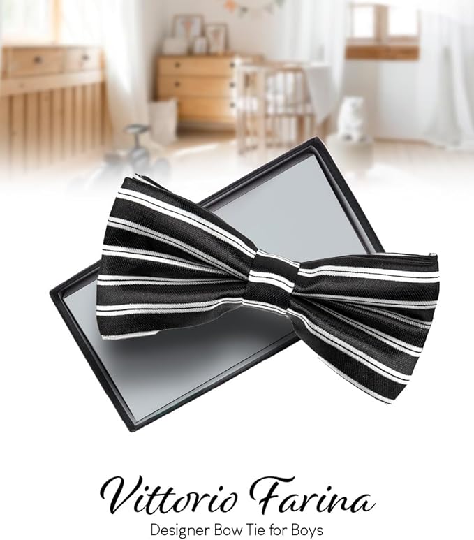 Vittorio Farina Boy's Design Satin Bow Tie - Suits You Sir - Black and White Stripes - 
