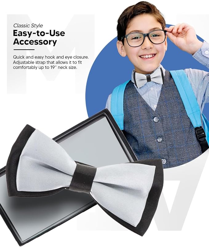 Vittorio Farina Boy's Design Satin Bow Tie - Suits You Sir - Gray and Black Fold - 