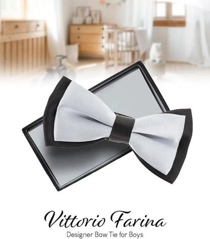 Vittorio Farina Boy's Design Satin Bow Tie - Suits You Sir - Gray and Black Fold - 