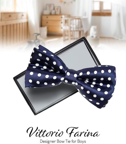 Vittorio Farina Boy's Design Satin Bow Tie - Suits You Sir - Navy Blue and White Polka Dot - 