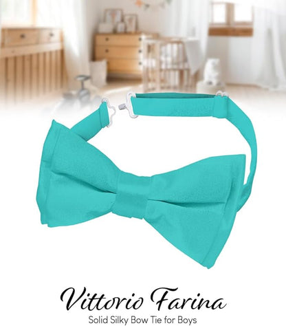 Vittorio Farina Boy's Pretied Solid Silky Satin Bow Tie - Suits You Sir - Aqua - 