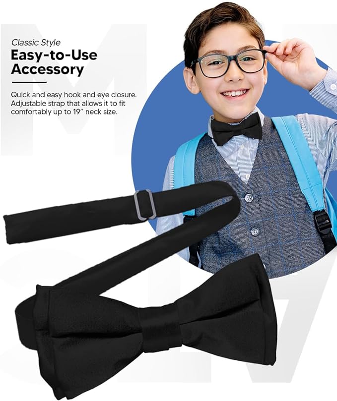 Vittorio Farina Boy's Pretied Solid Silky Satin Bow Tie - Suits You Sir - Black - 