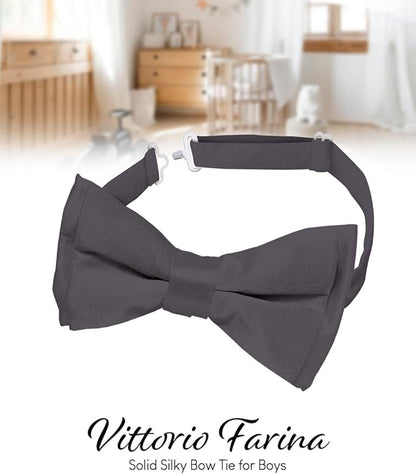 Vittorio Farina Boy's Pretied Solid Silky Satin Bow Tie - Suits You Sir - Charcoal - 