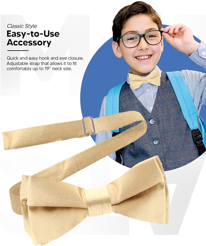 Vittorio Farina Boy's Pretied Solid Silky Satin Bow Tie - Suits You Sir - Gold - 