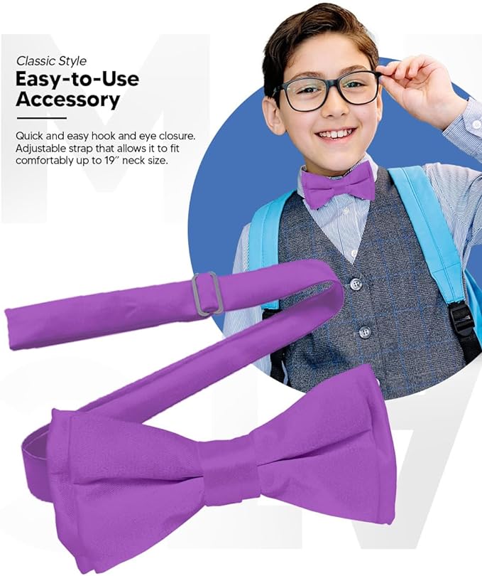 Vittorio Farina Boy's Pretied Solid Silky Satin Bow Tie - Suits You Sir - Medium Purple - 