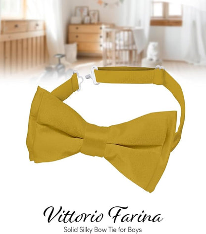 Vittorio Farina Boy's Pretied Solid Silky Satin Bow Tie - Suits You Sir - Mustard Yellow - 