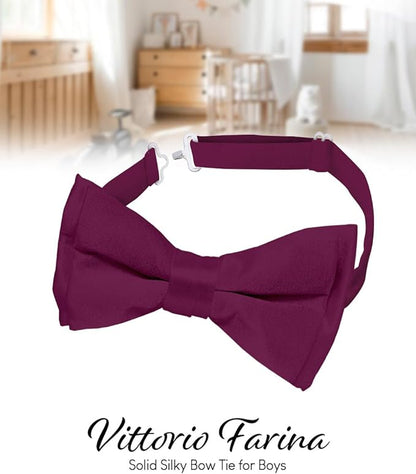 Vittorio Farina Boy's Pretied Solid Silky Satin Bow Tie - Suits You Sir - Plum - 